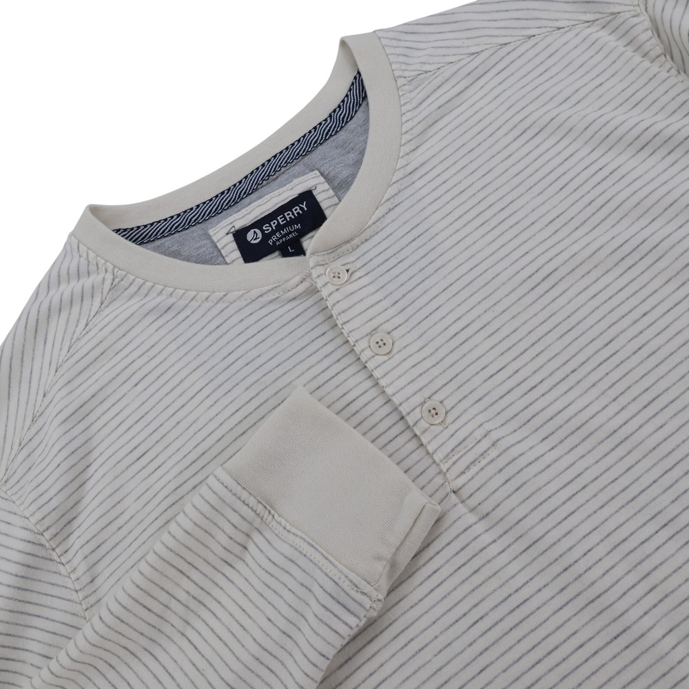 Sperry Premium Apparel Mens Large Henley Shirt Long Sleeve Striped Cream Grey